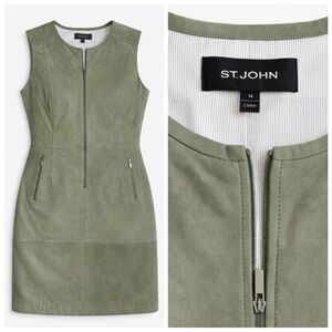 St. John leather suede green zip midi dress. Striped lining. Very good cond. -14
